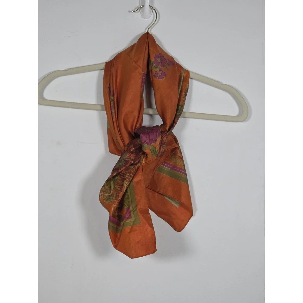 Pure Thai Silk Scarf Orange Floral Square Head Neck Bag Wrap Accessory Vintage